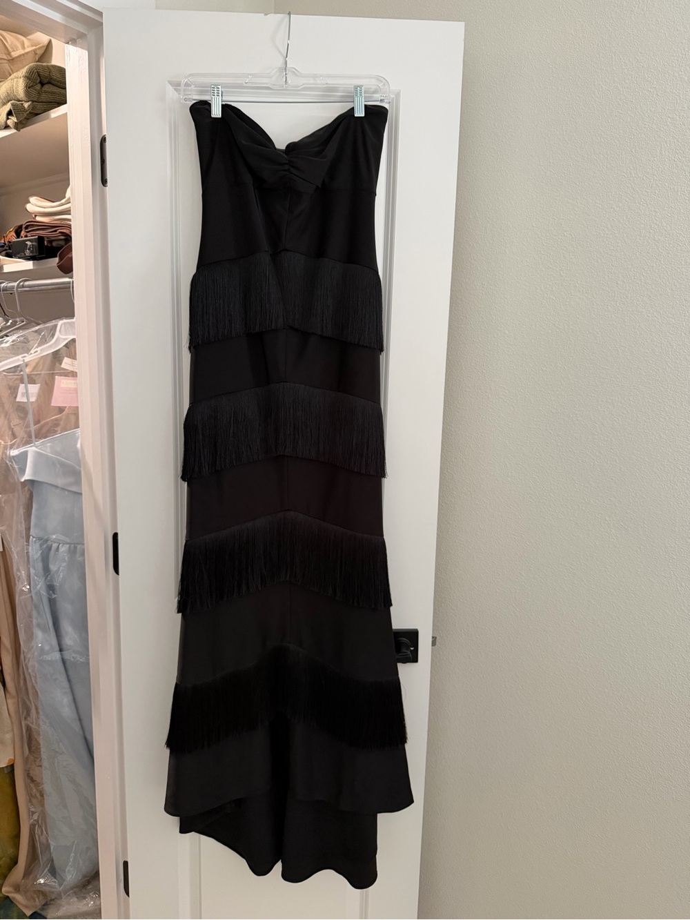House of Harlow 1960 Black Strapless Fringe Tiered Gown